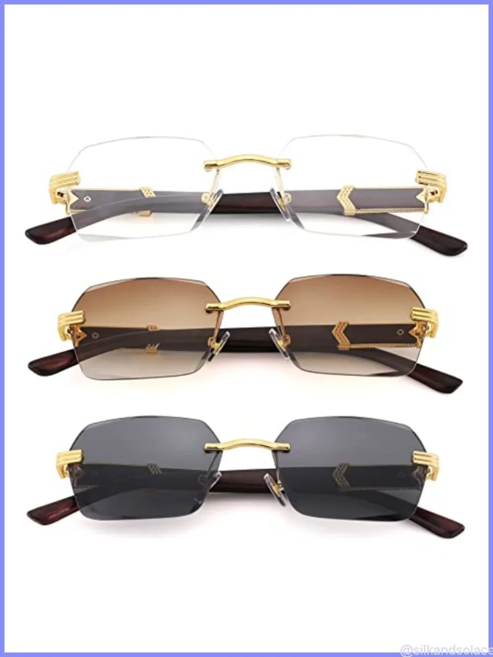 Rimless Rectangle Sunglasses Retro Y2K Square UV400 with Imitation Wood Temples